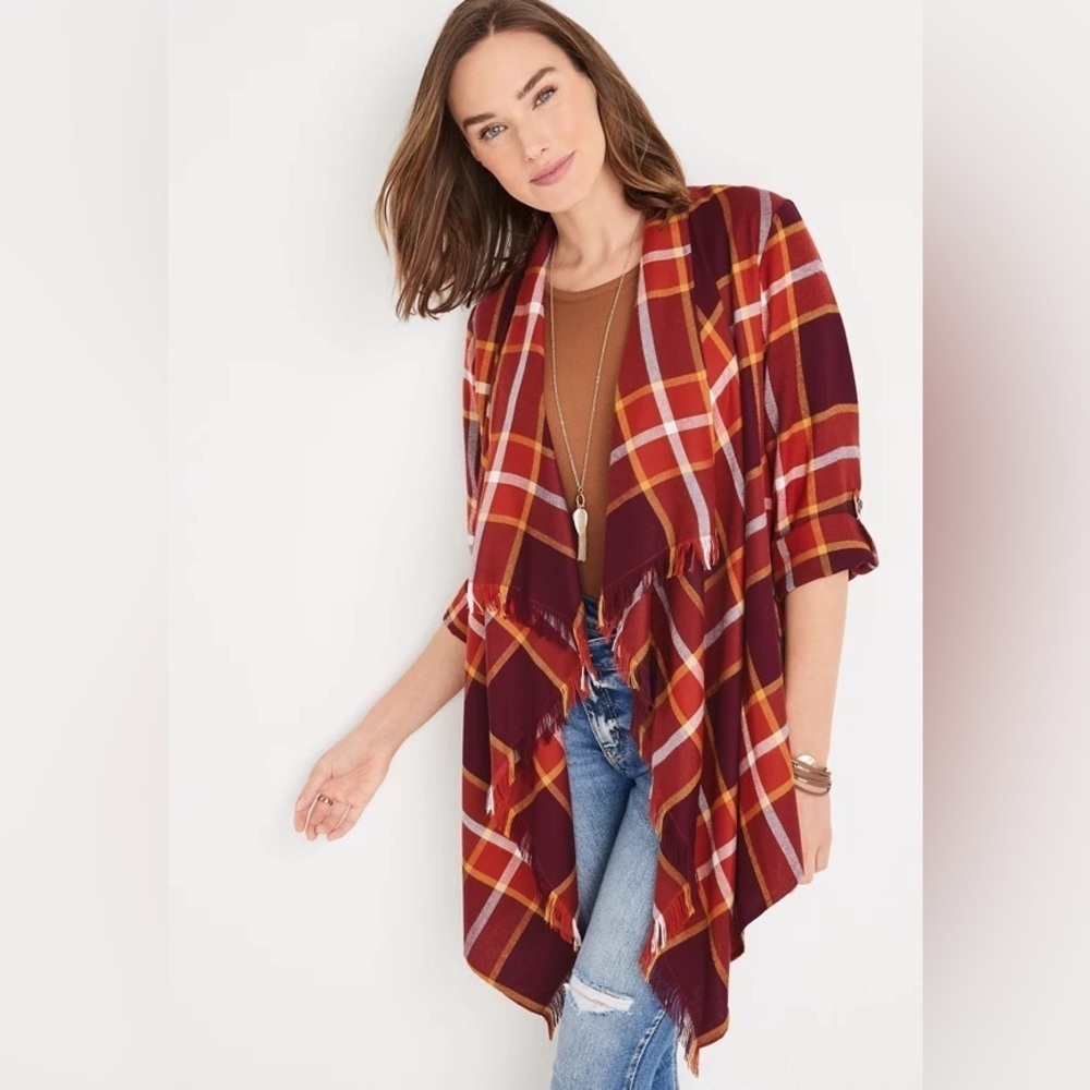 Maurices Red Plaid Kimono Casual Fringe Open Front Kimono Cardigan